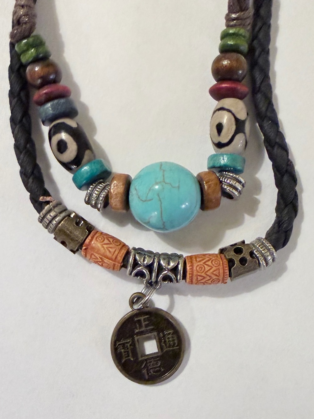 Boho Dzi Eye Bead Necklace Faux Turquoise Chinese Coin Charm
Adjustable Cord